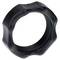 A black, hexagonal plastic nut with a threaded interior, used for securing or fastening purposes.