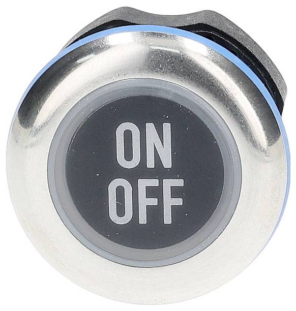 'A circular metallic button with the text "ON" and "OFF" in white on a black background, indicating a switch functionality.'
