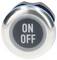 'A circular metallic button with the text "ON" and "OFF" in white on a black background, indicating a switch functionality.'