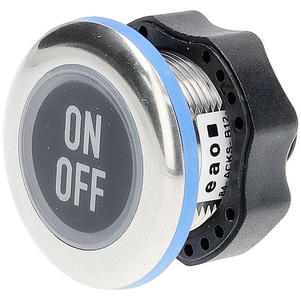 A round metallic push button with 'ON' and 'OFF' shown on its surface, used for controlling electrical circuits or devices.