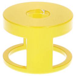 A bright yellow cylindrical object with a circular hole in the center and open sides, resembling a spool or bobbin-like structure.