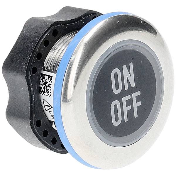 A round metallic push button switch with a black center displaying the text 'ON OFF' in white.