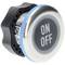 A round metallic push button switch with a black center displaying the text 'ON OFF' in white.
