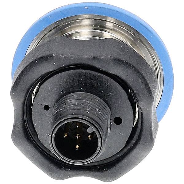 A round electrical connector with five pins, surrounded by a black and blue casing.