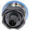 A round electrical connector with five pins, surrounded by a black and blue casing.