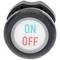 A close-up of a round, black button with the words 'ON' in blue and 'OFF' in red, indicating switch positions.