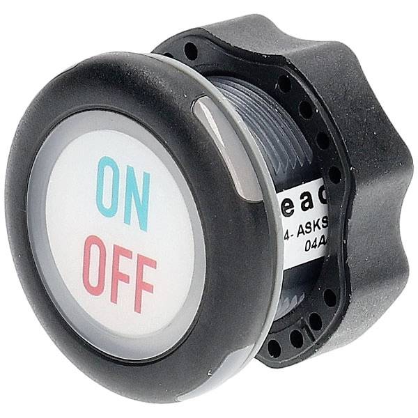 A round button with 'ON' in blue text and 'OFF' in red text, used for toggling between states.