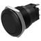 'Black push button switch with a round design and metal trim, intended for electronic device control applications.'