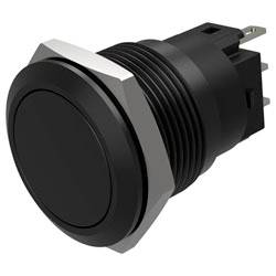 'Black push button switch with a metallic hexagonal nut, designed for panel mounting, shown in a side perspective view.'