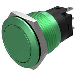 A green, round push button switch with a threaded metal body and electrical connectors at the back, used for controlling electronic devices.