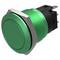 A green, round push button switch with a threaded metal body and electrical connectors at the back, used for controlling electronic devices.