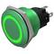 A green, circular push button switch with a glowing LED ring, designed for electronic equipment, shown from a side angle.