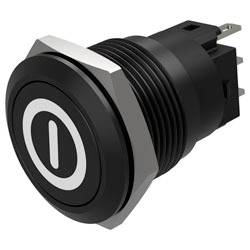 A round black power button with a white symbol, featuring concentric circles around a vertical line, designed for electronic devices.