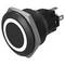 A black, round push button switch with a metallic hexagonal base and white LED ring. The switch features three connecting prongs.