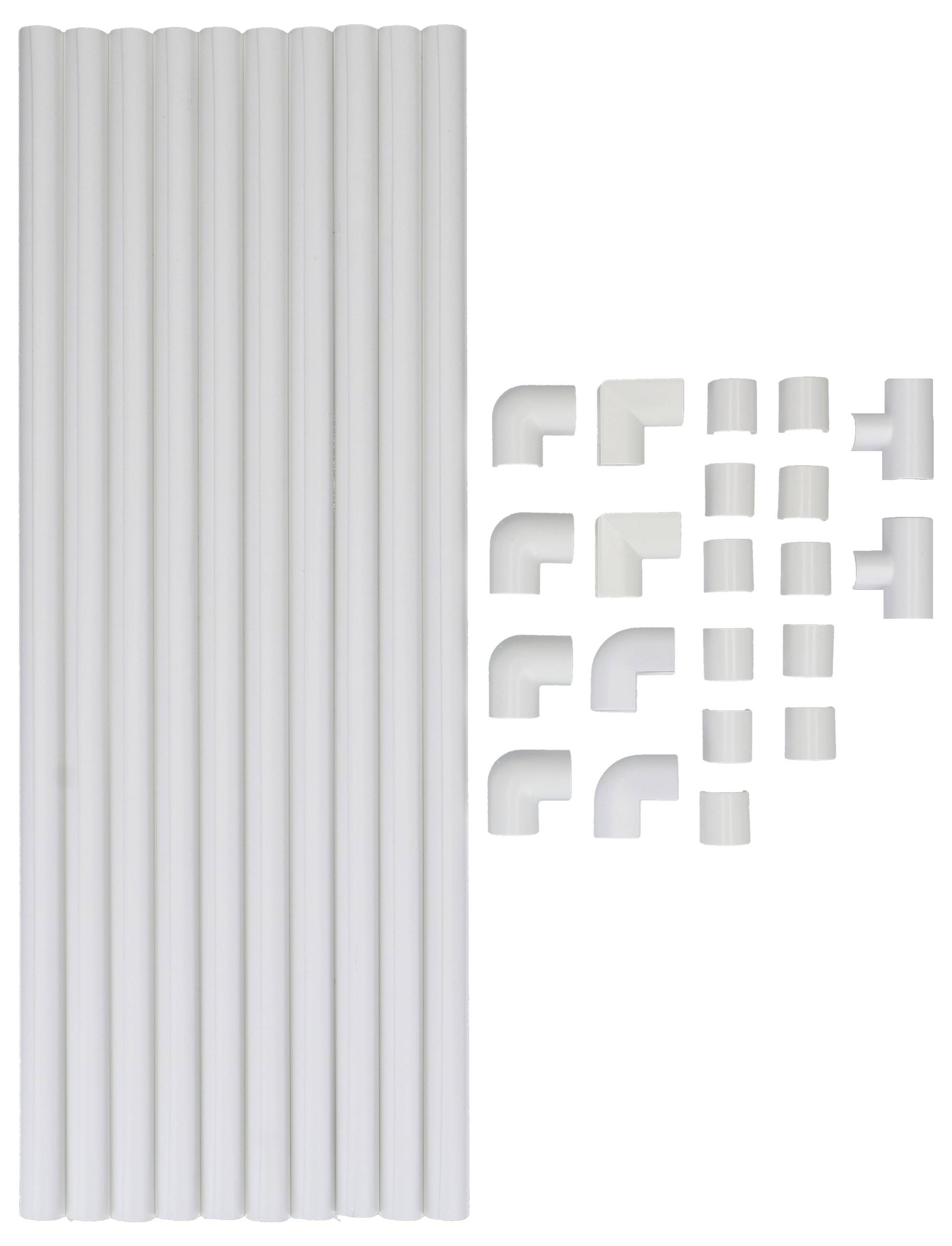 White plastic tubes and various connectors arranged neatly.