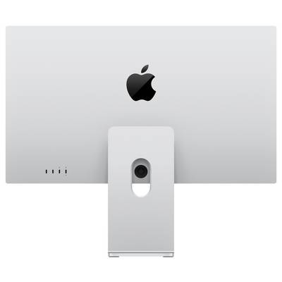 'Rear view of a silver desktop computer monitor with the Apple logo, showing ports and a central stand.'