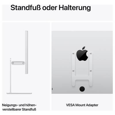 'Stand or Mounting Bracket': Comparison of Tilting, Height-Adjustable Stand and VESA-Mount Adapter for Apple Device.