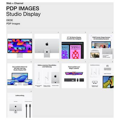 'PDP IMAGES Studio Display' displays product images of an Apple Studio Display with 27" Retina, 12-MP camera and accessories such as stand and cables.