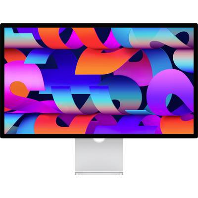 'Monitor displaying a colorful abstract design with interwoven shapes in vibrant hues of blue, pink, purple, and orange.'