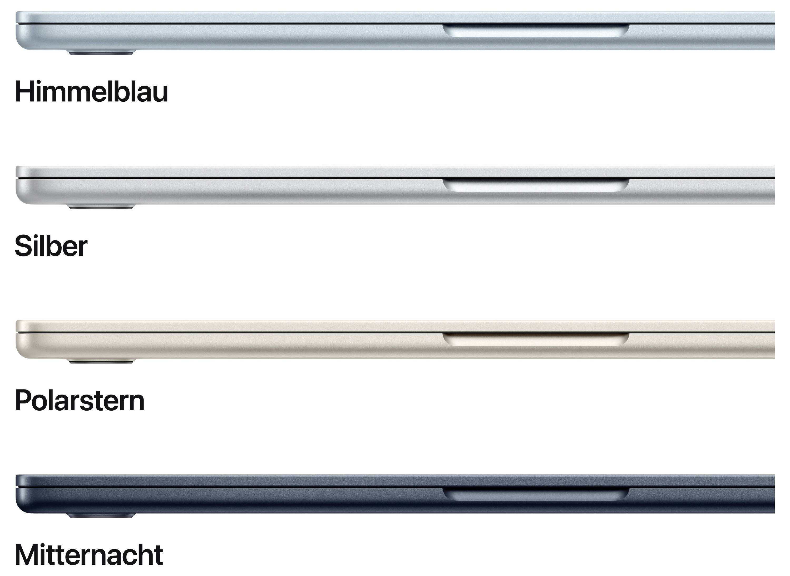 Four laptop side views in the colours sky blue, silver, polar star and midnight, showing thinness and design.