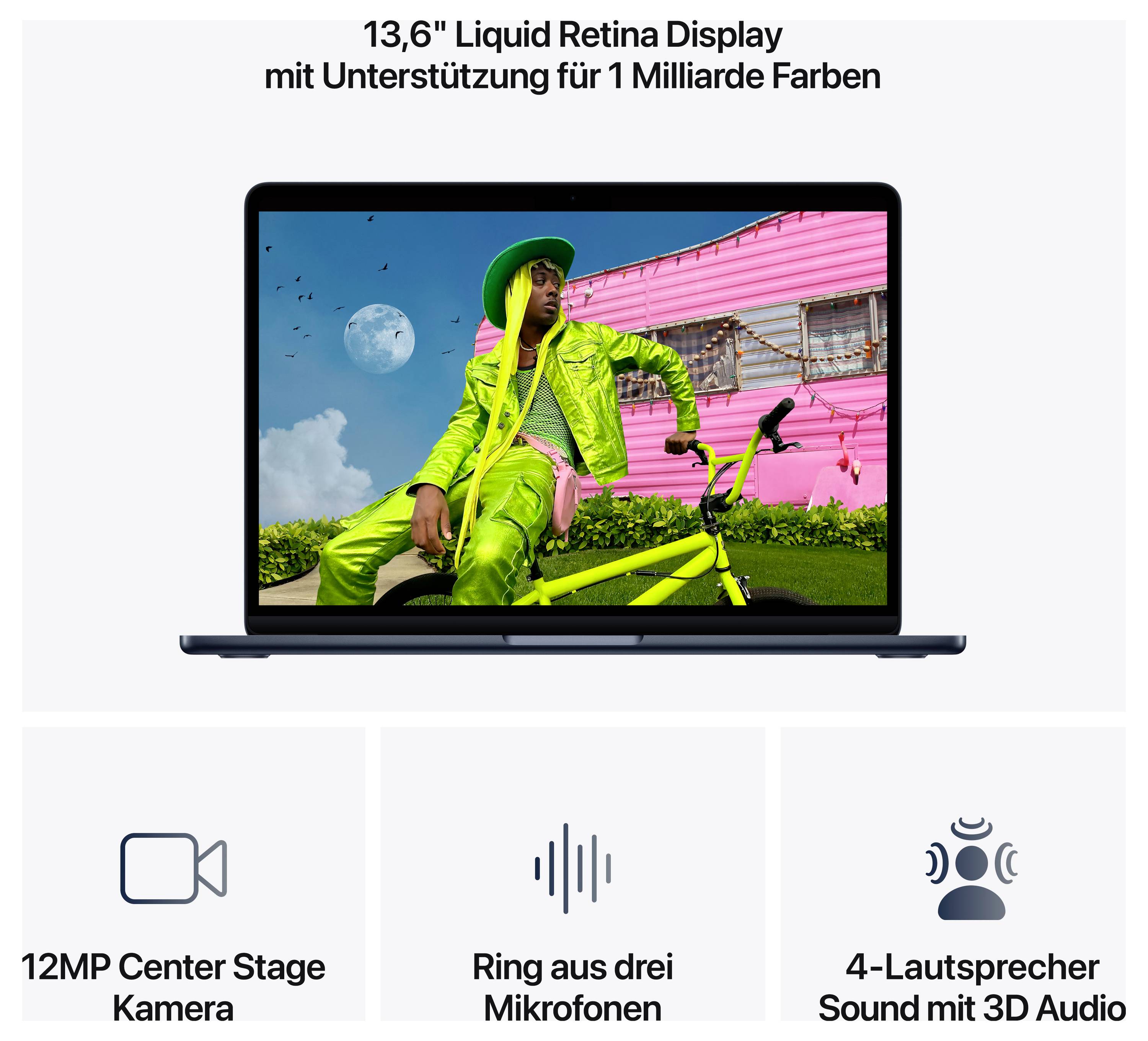 '13.6" Liquid Retina Display with support for 1 billion colours.' Laptop with brightly dressed person and pink trailer. Features: 12MP Centre Stage camera, ring of three microphones, 4-speaker sound with 3D audio.