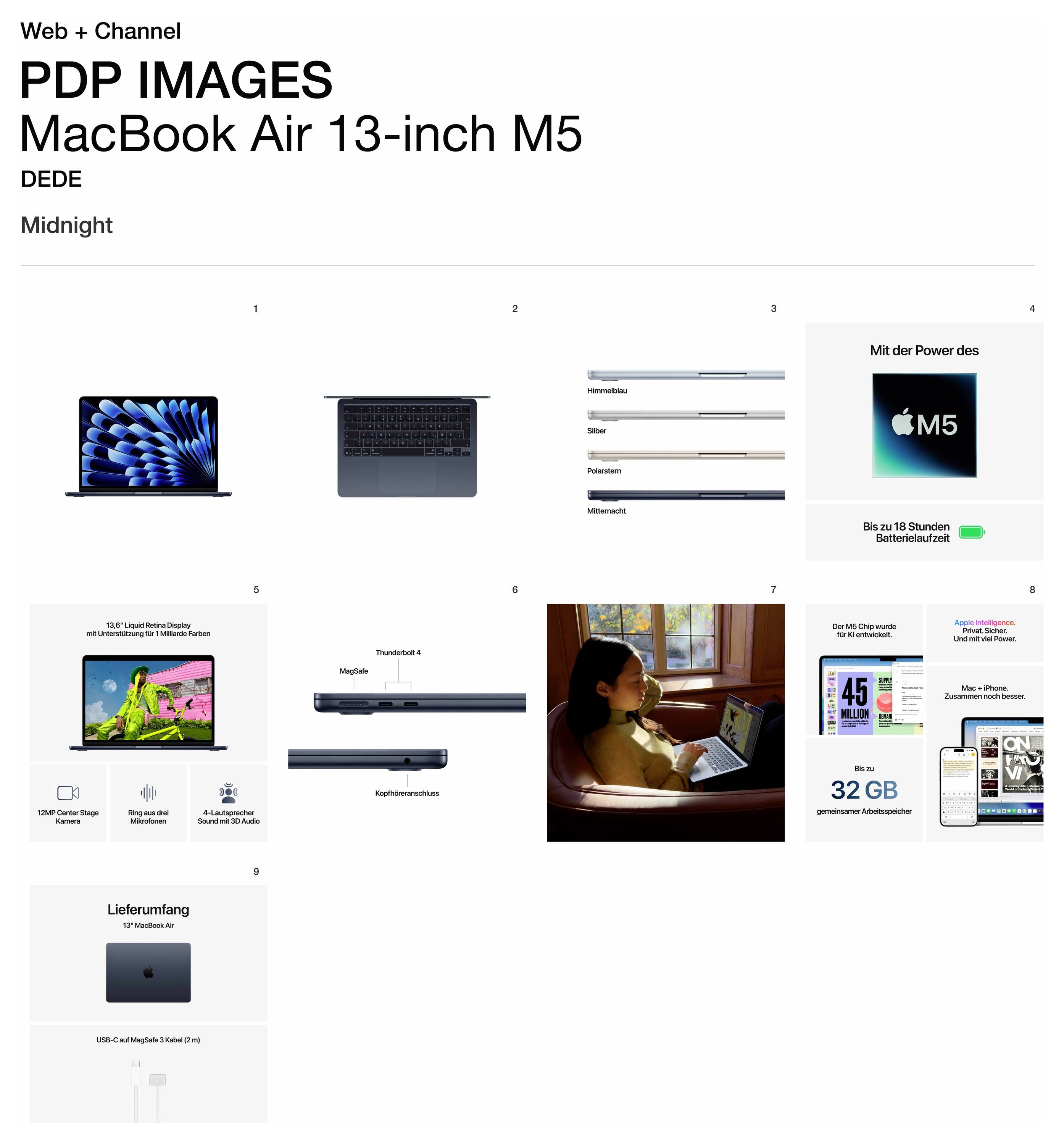 The image shows various promotional graphics for the MacBook Air 13-inch M5, featuring its design, specifications, performance, and battery life.