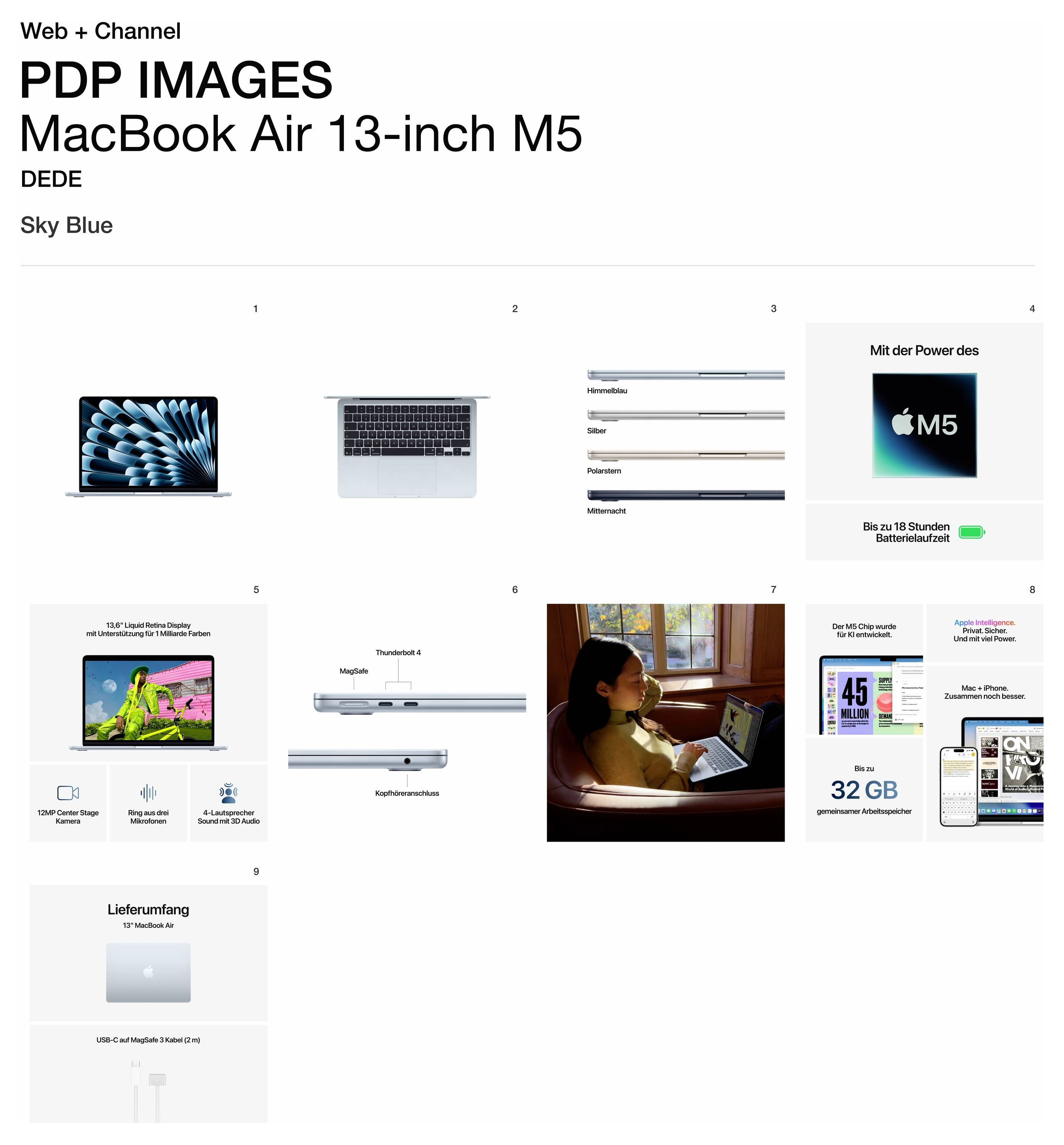 'PDP IMAGES MacBook Air 13-inch M5 in Sky Blue, featuring online materials and images of the laptop, ports, battery, storage, and accessories.'