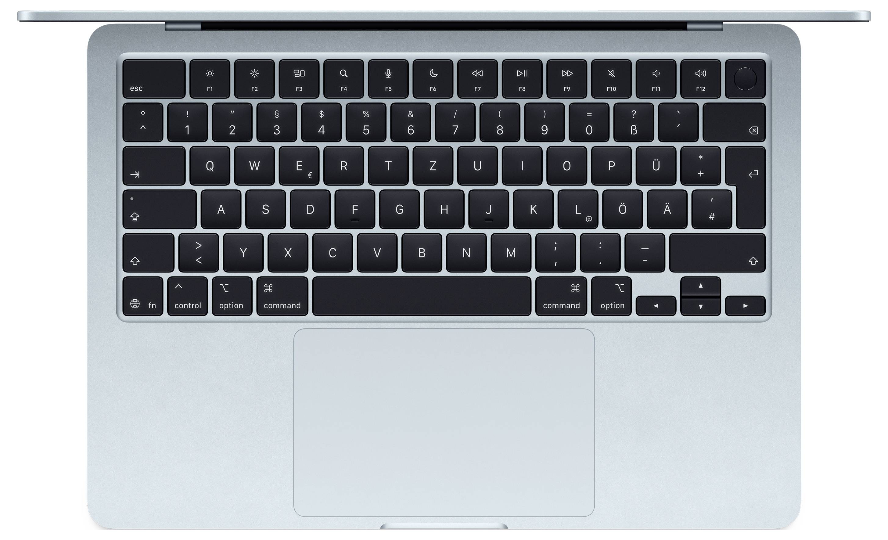 Aerial view of a silver laptop keyboard showing a QWERTZ layout, wide touchpad, and power button in top-right corner.