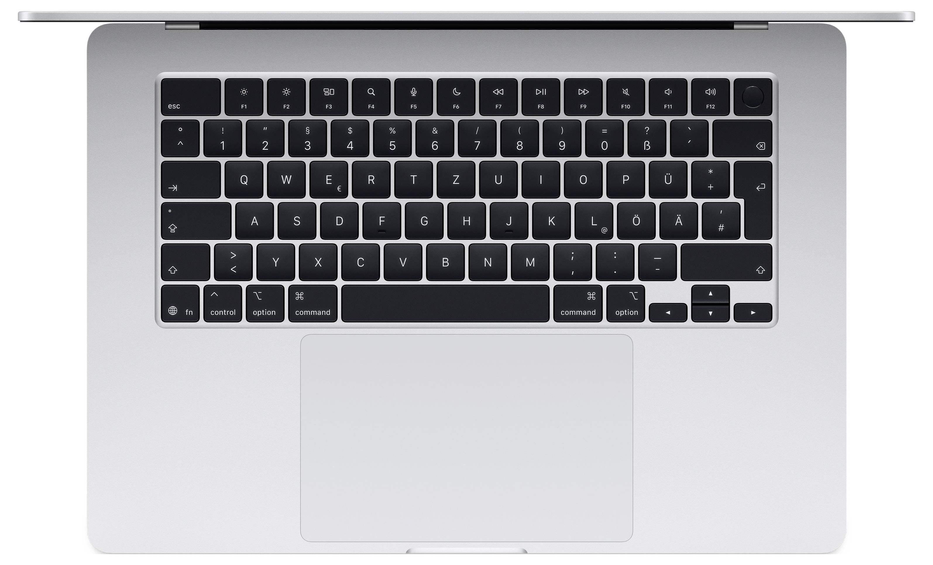 A silver laptop viewed from above, showing a QWERTZ keyboard layout and a large trackpad below.
