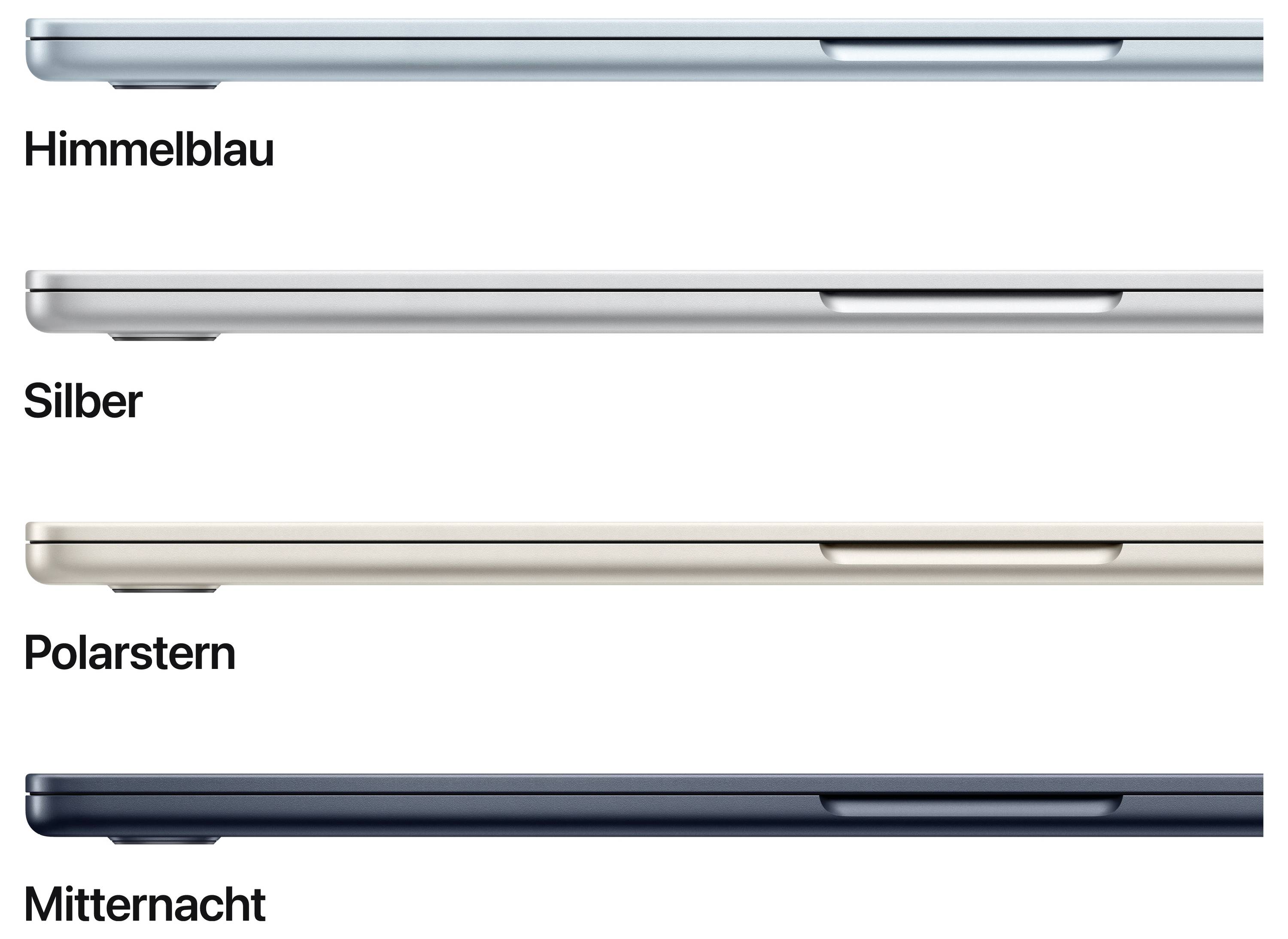 Four laptop side views show colour options: 'Sky Blue', 'Silver', 'Polar Star', and 'Midnight'.