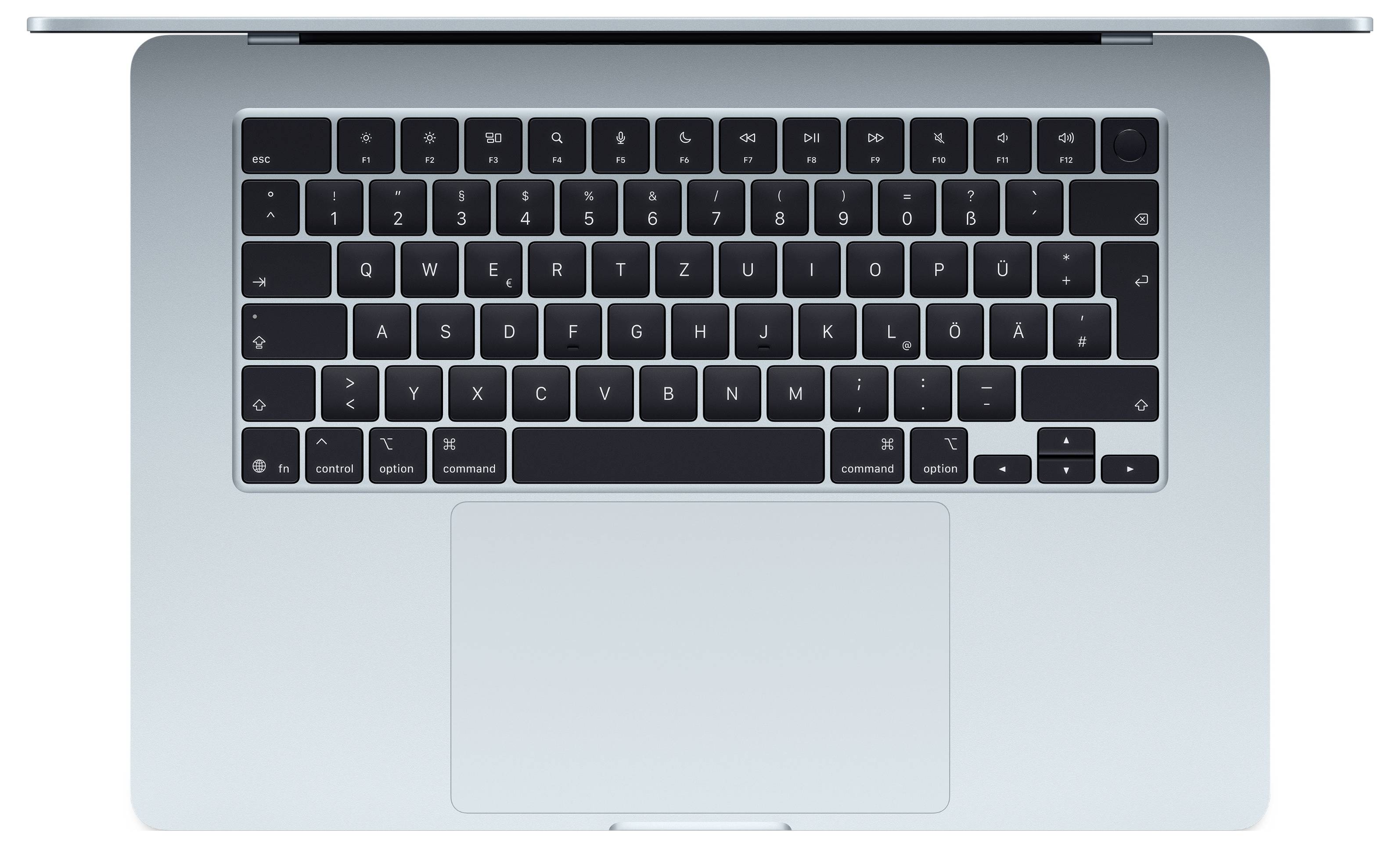 Top view of an open laptop showing a QWERTZ keyboard layout, a trackpad below it, and a slim, metallic frame.