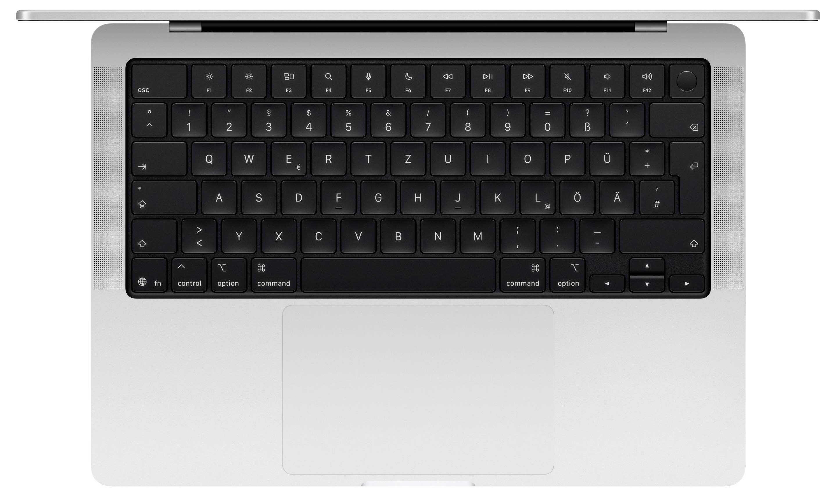 Top view of an open laptop showing a black keyboard, large trackpad, and slim silver design, highlighting a minimalist aesthetic.