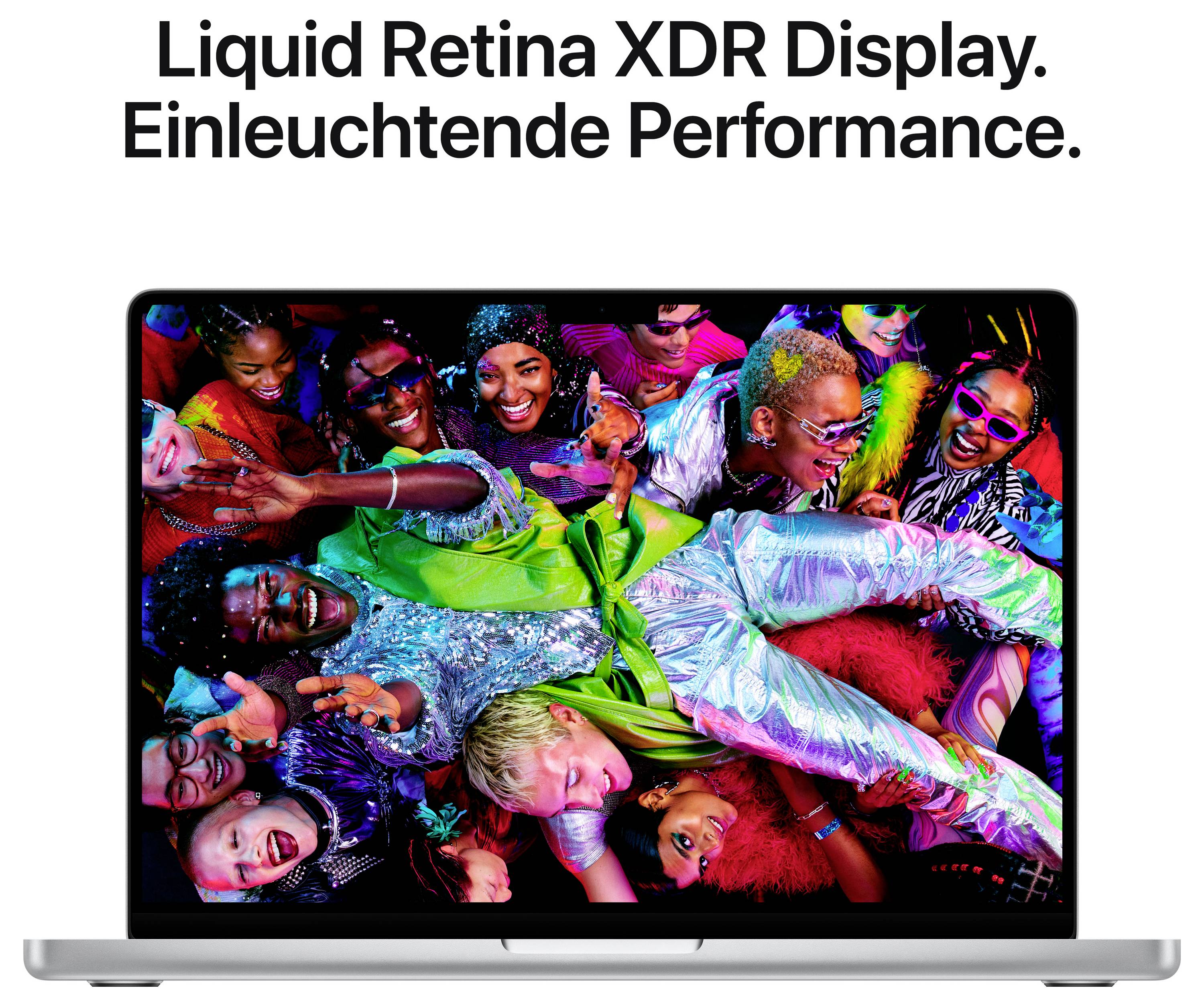 A group of people in colourful clothing celebrating joyfully on a MacBook screen with text 'Liquid Retina XDR Display. Brilliant Performance'.