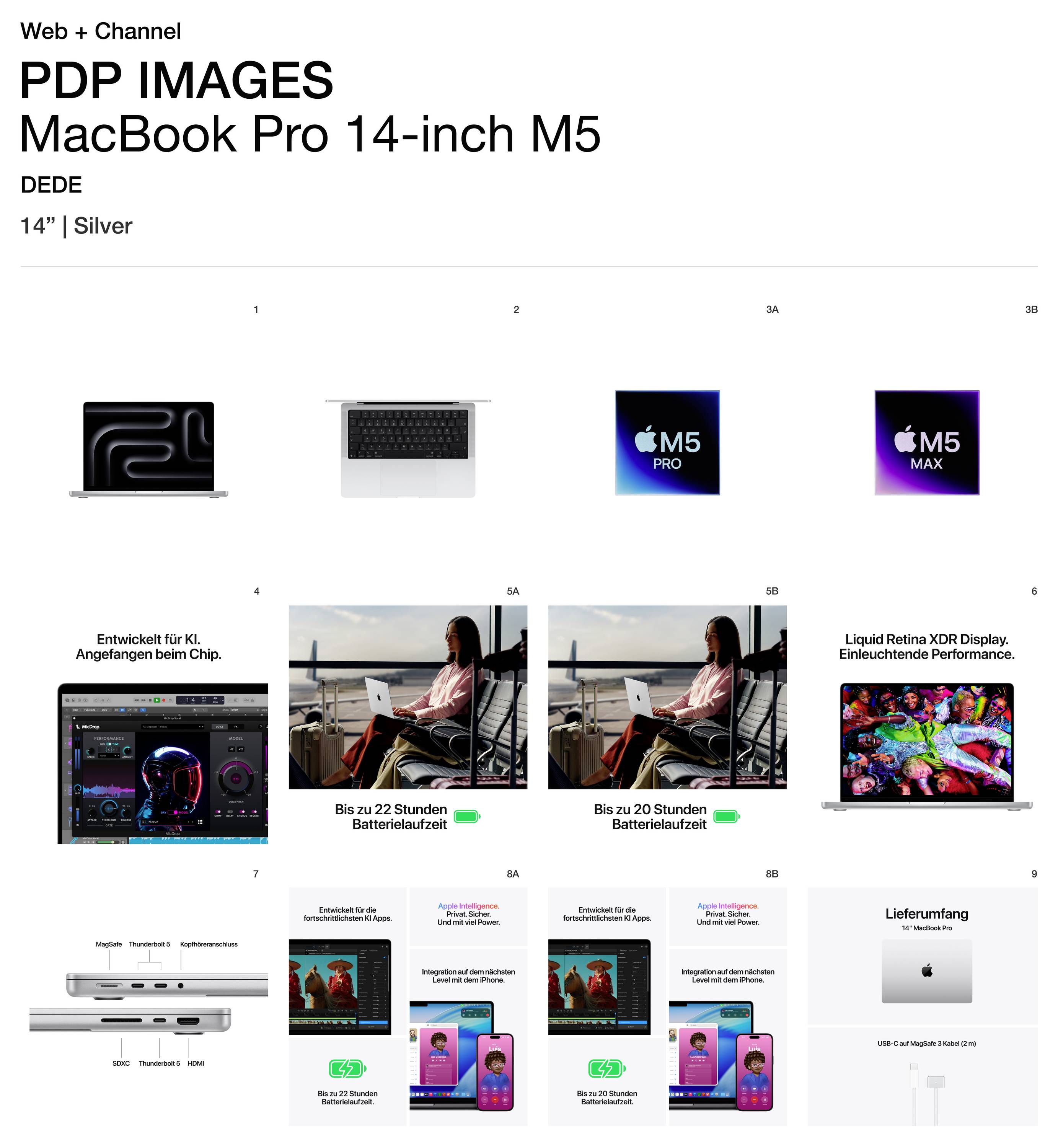 'MacBook side view showing ports: MagSafe, two Thunderbolt 5, headphone jack, SDXC, Thunderbolt 5, HDMI.'