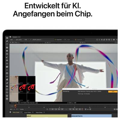 An image of a computer screen with a person swinging colourful ribbons. At the top the text: 'Developed for AI. Starting with the chip.'