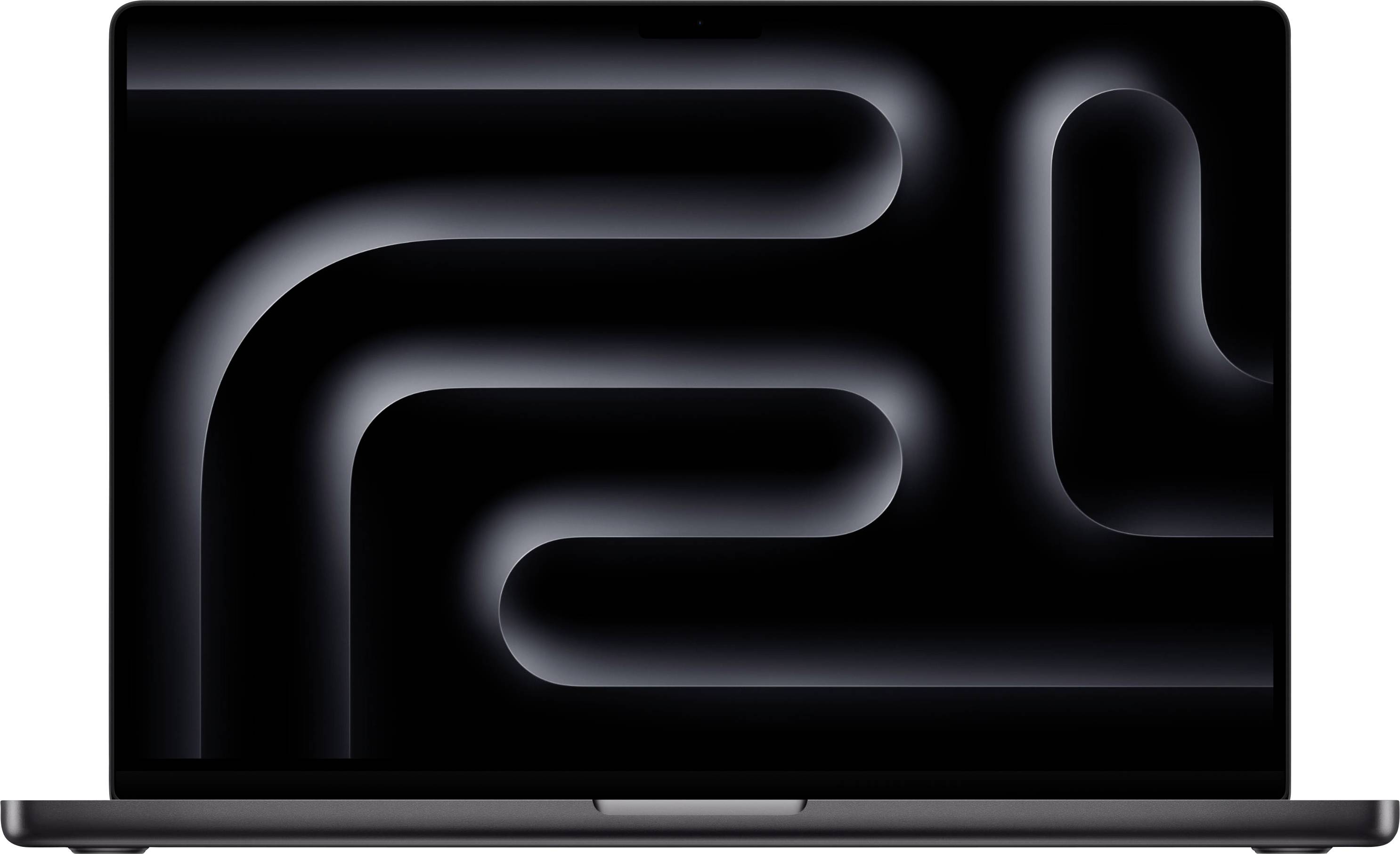 A laptop displaying a dark abstract geometric design on its screen, featuring curved lines creating a modern, sleek appearance.
