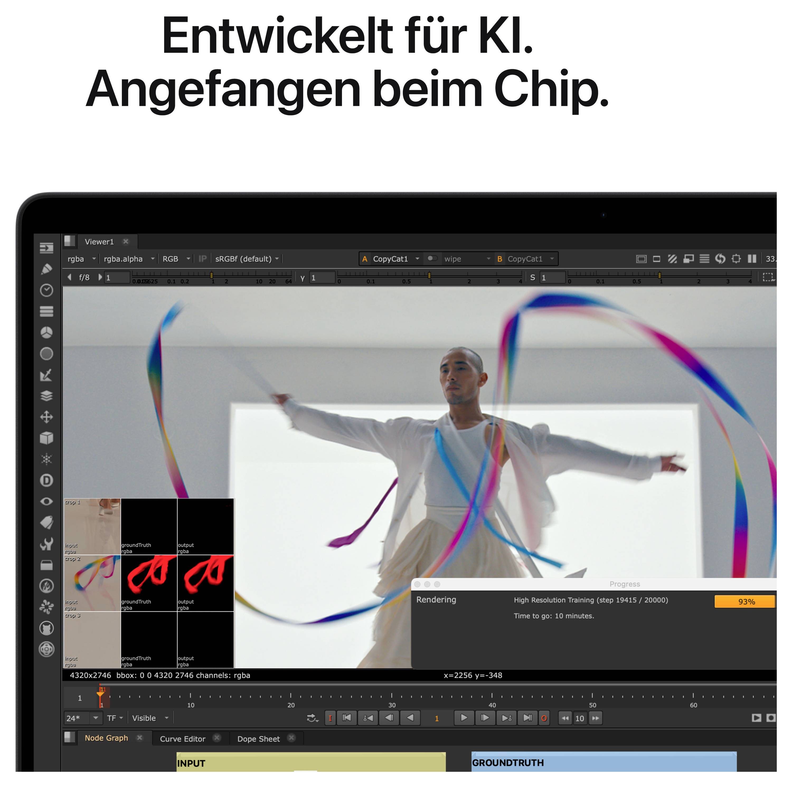 A computer screen displays a woman in motion with colourful ribbons in an image editing programme. Text at the top: 'Developed for AI. Starting with the chip.'