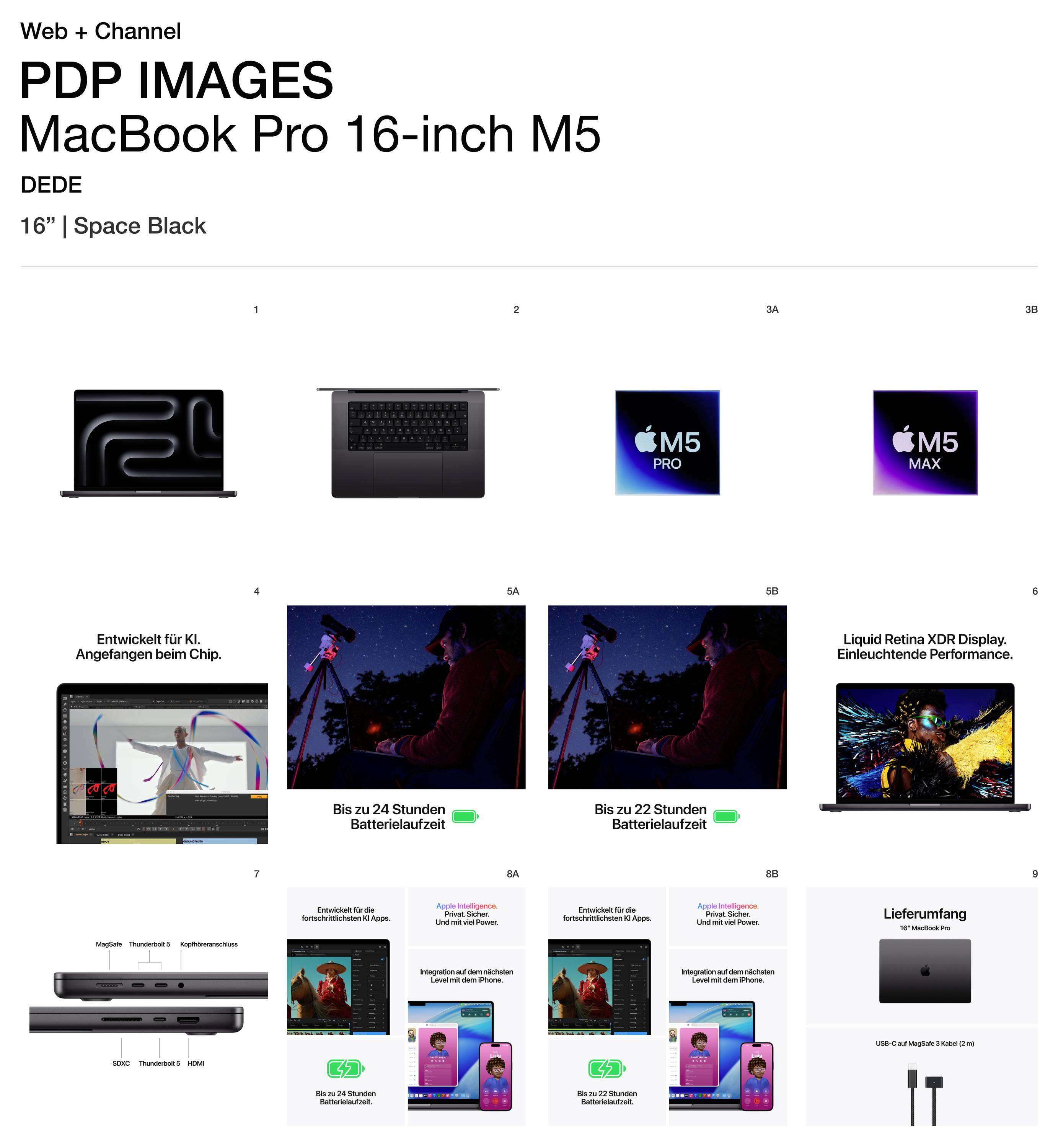 MacBook Pro 16-inch M5 in Space Black. Image of the laptop, detailed shots of the keyboard, processor logos, and display description. Highlighted features: battery life, performance.