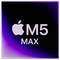 'Apple M5 Max' logo on a gradient background transitioning from dark purple to black, symbolizing a tech product or component.
