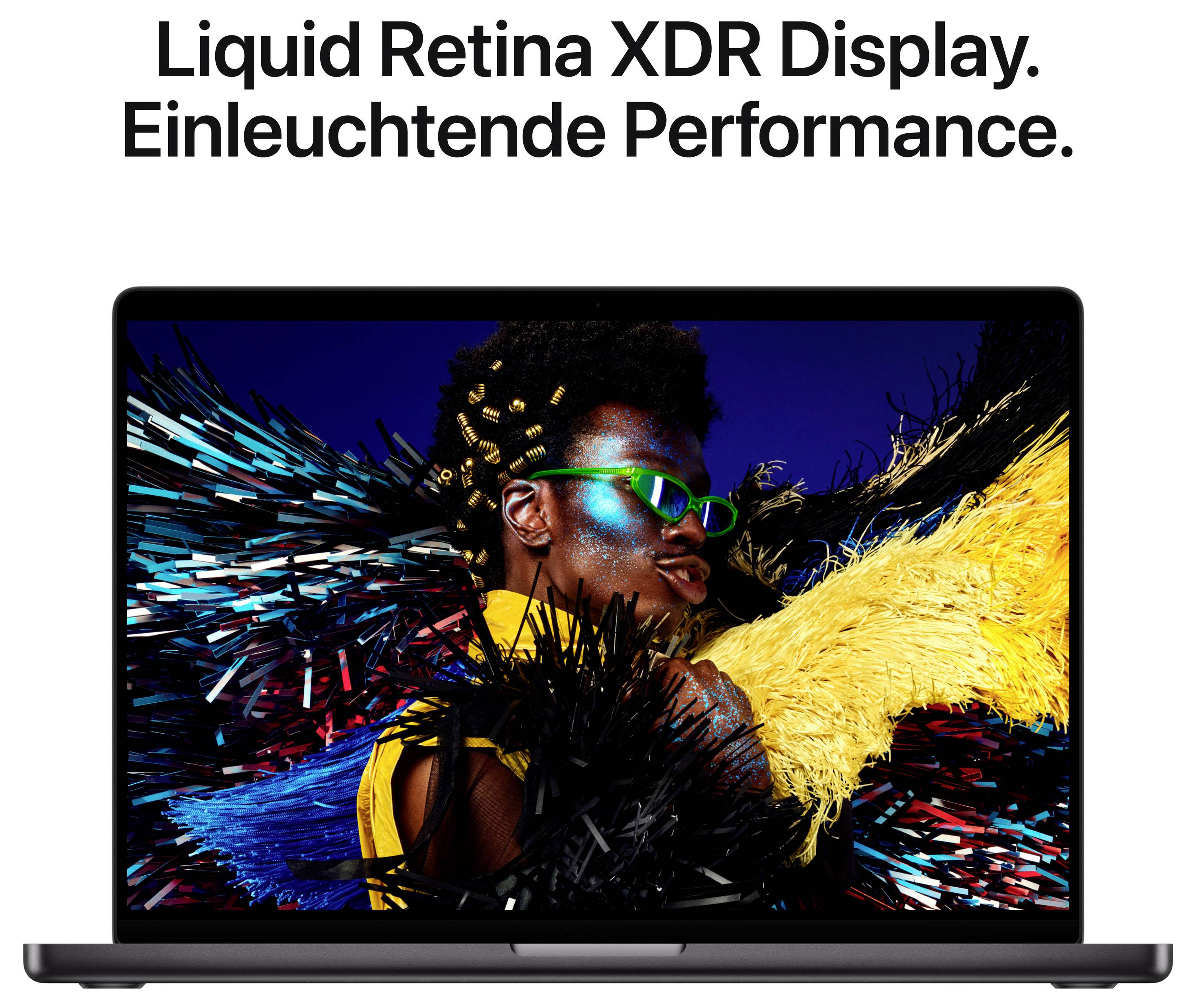 A laptop with a vibrant colour image on the screen. Text above: 'Liquid Retina XDR Display. Stunning Performance.'