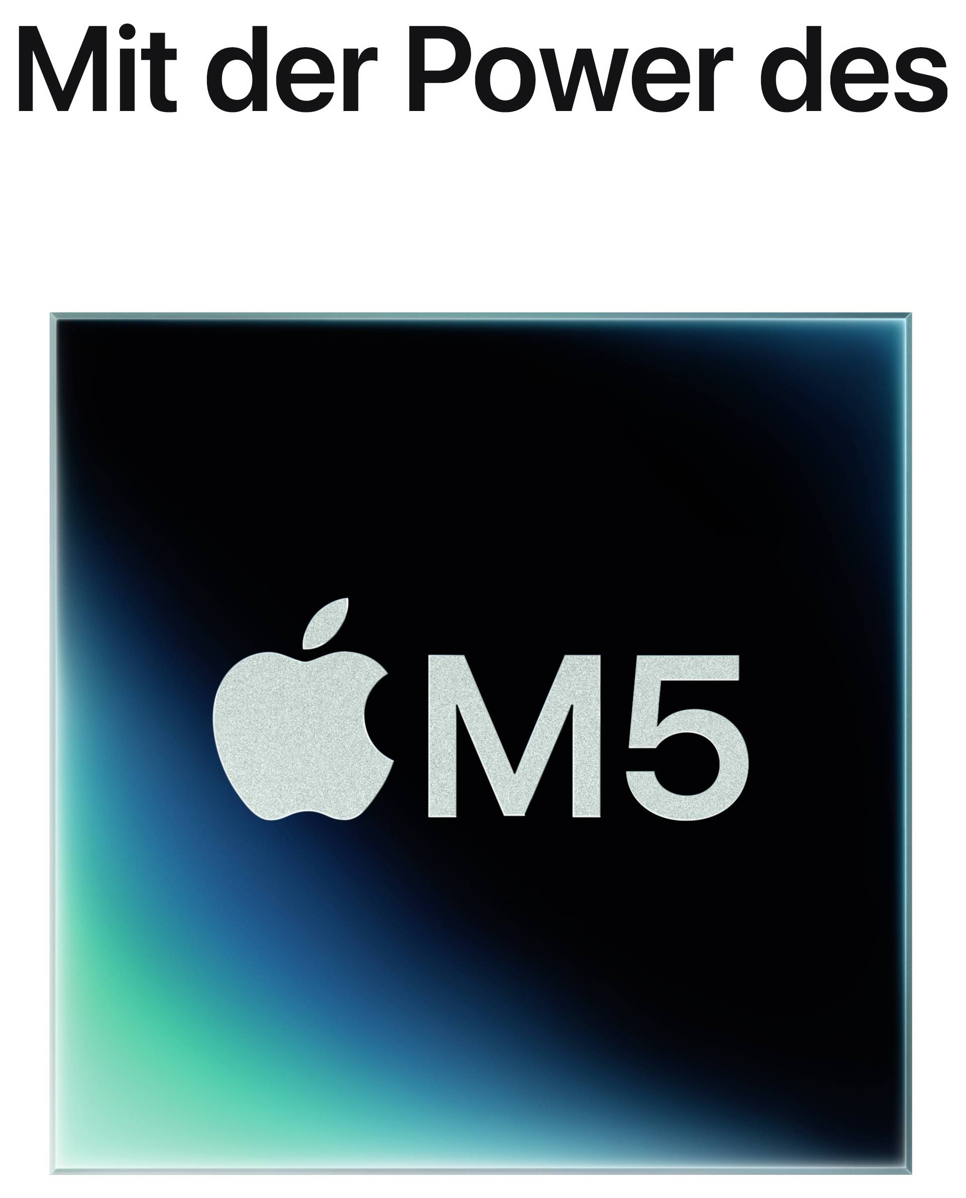 Partial German headline 'Mit der Power des' above Apple M5 logo on a dark gradient square, indicating a product announcement.