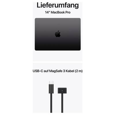 Supplied contents: 14" MacBook Pro and USB-C to MagSafe 3 cable (2 m) with cable connectors shown.