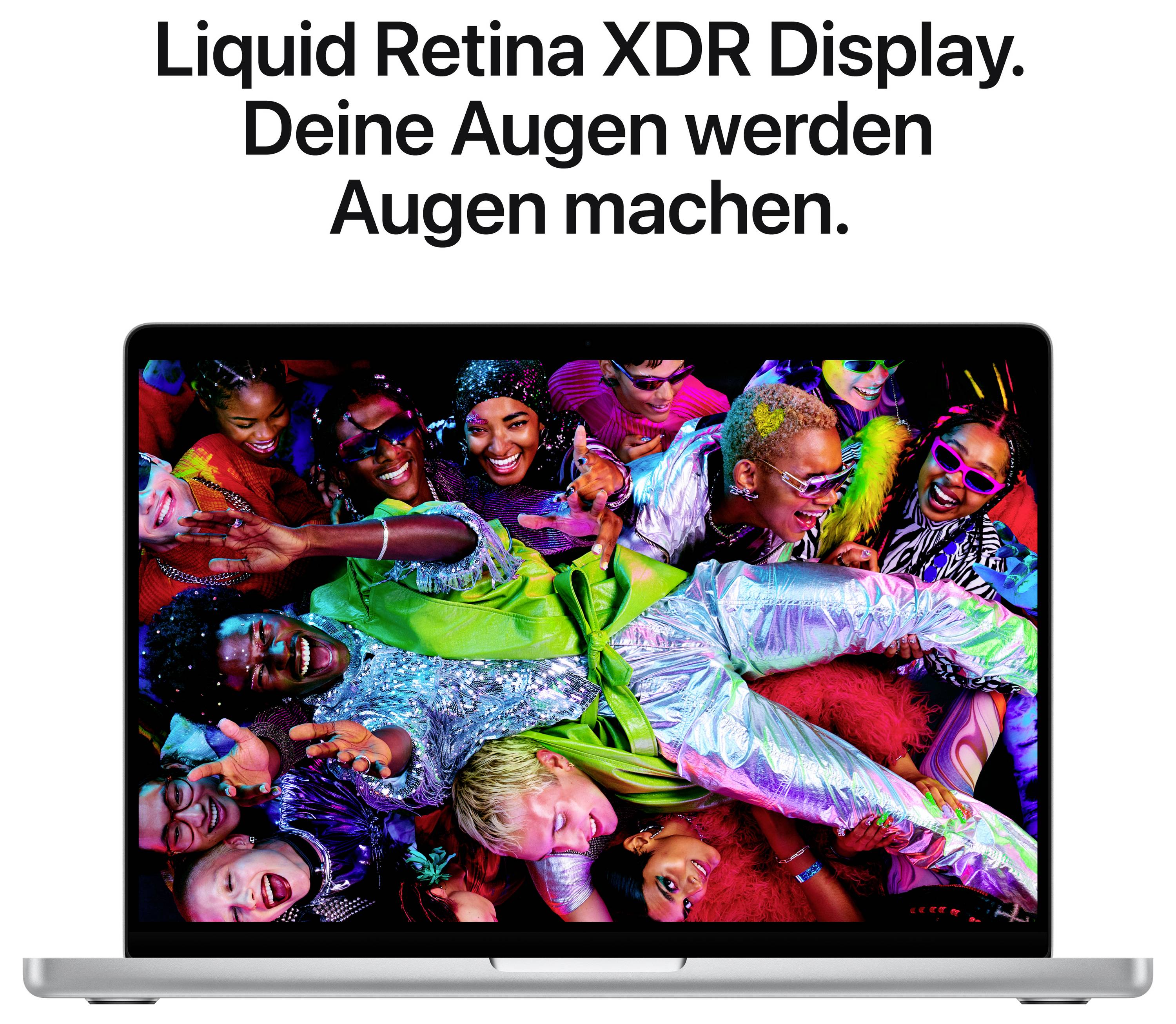 Advertisement for MacBook Pro with Liquid Retina XDR Display. Your eyes will pop. and a vibrant group on the screen.