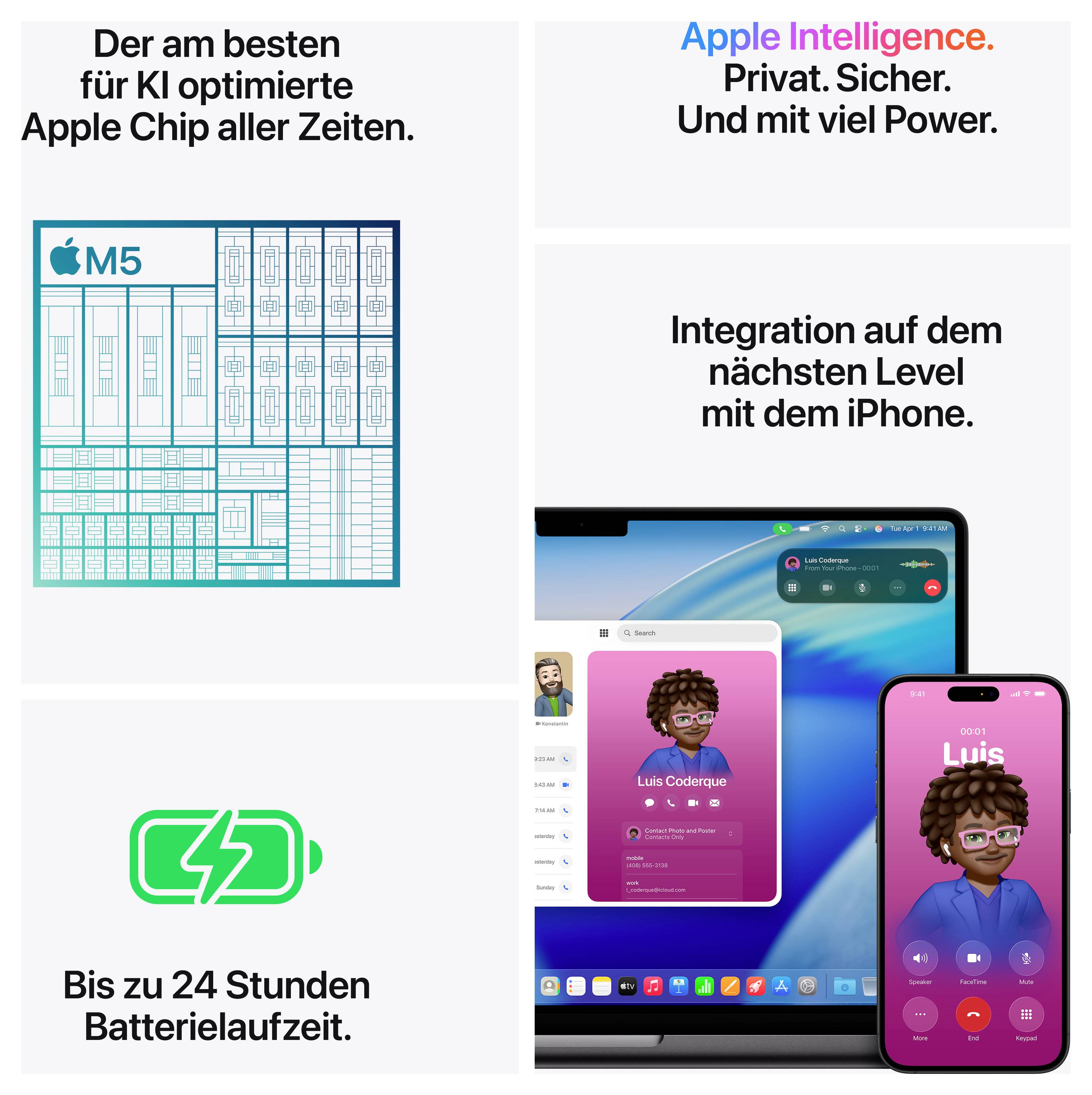 Advertising graphic for Apple Intelligence and M5 chip: on the left, M5 chip diagram and battery symbol with 'Up to 24 hours battery life'; on the right, iPhone, iPad and Mac with indication of close integration.