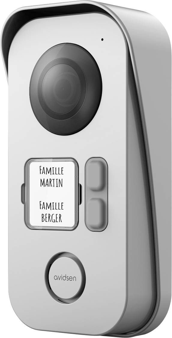'Silver video doorbell with a camera and speaker. Displays two nameplates: Famille Martin and Famille Berger. Brand: avidsen.'