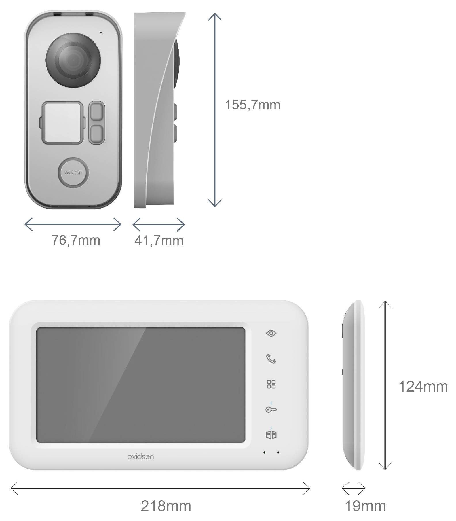 'Video doorbell and monitor dimensions. Doorbell: 76.7mm wide, 41.7mm deep, 155.7mm high. Monitor: 218mm wide, 19mm deep, 124mm high.'