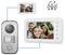 Video intercom system displaying a family portrait on screen, with icons suggesting connection between units.
