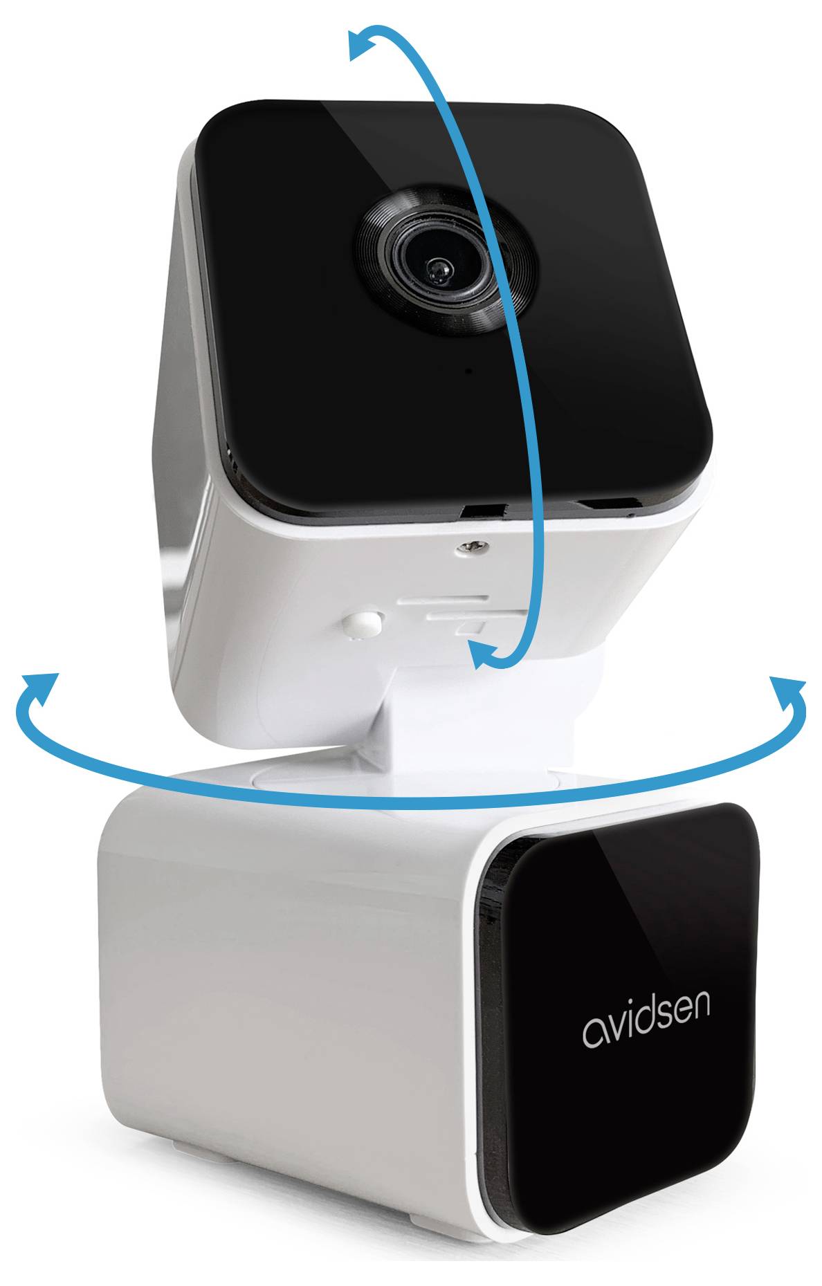 A white and black security camera with 'avidsen' on the base, featuring rotational arrows indicating movement around two axes.