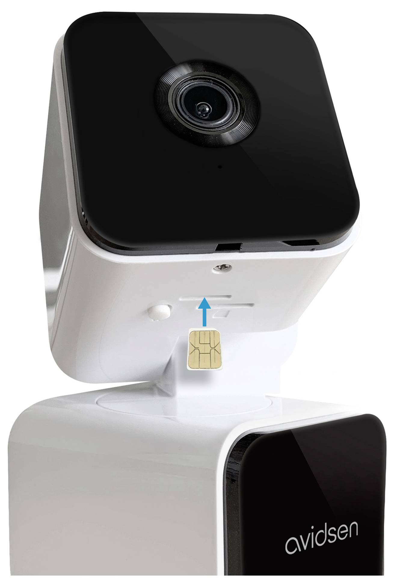 A smart camera with a slot for a SIM card visible, designed by Avidsen, possibly for security or monitoring purposes.