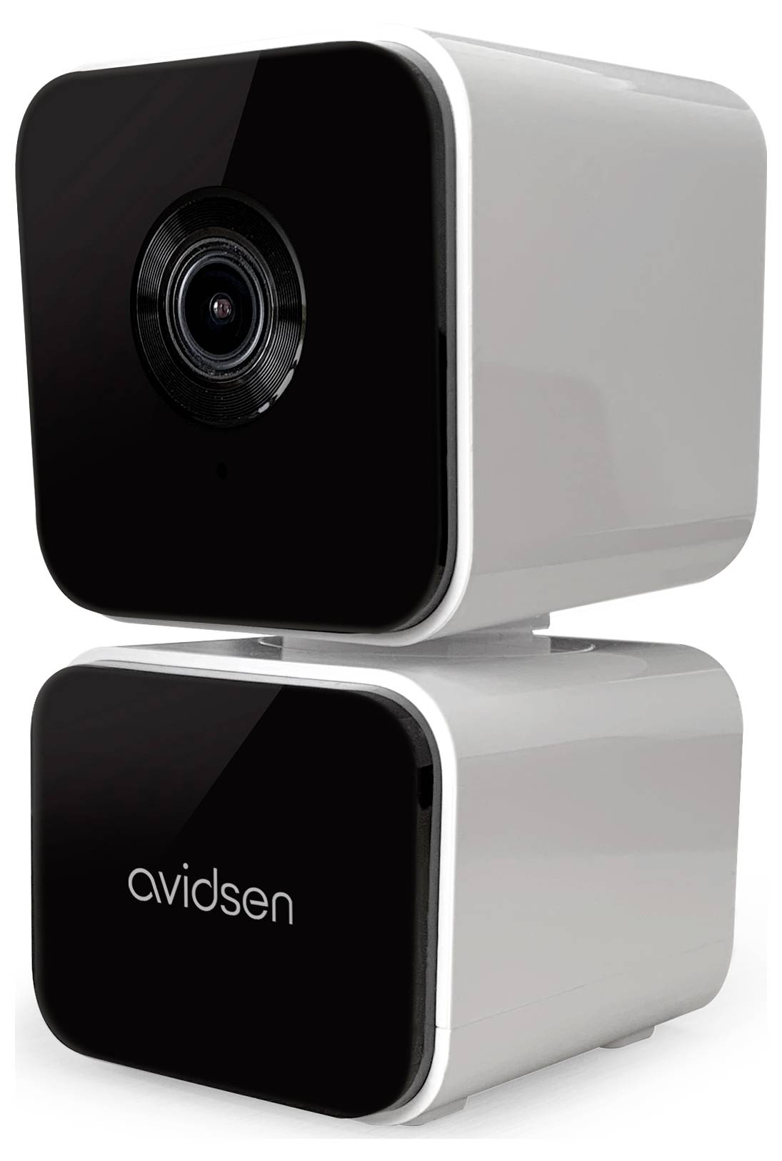 'Compact, square security camera with lens on top unit and 'avidsen' logo on bottom unit, featuring sleek black and white design.'